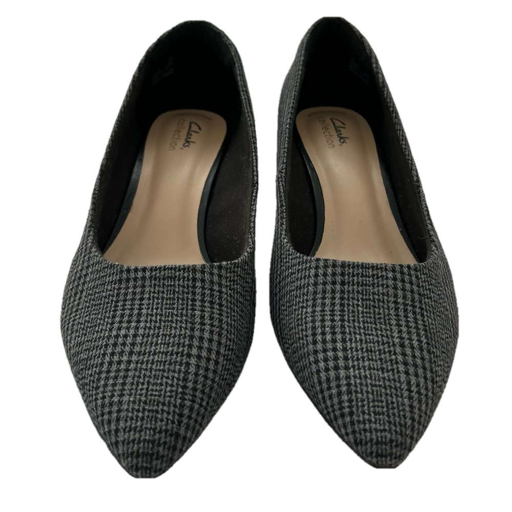 Clarks Teresa Houndstooth Size 11 WIDE Step Pump Grey Black Plaid EUC - Picture 2 of 13